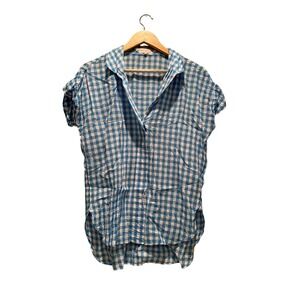 Sarah Alexandra Blue White Gingham Cap‎ Sleeve Cotton Linen Tunic Blouse Medium